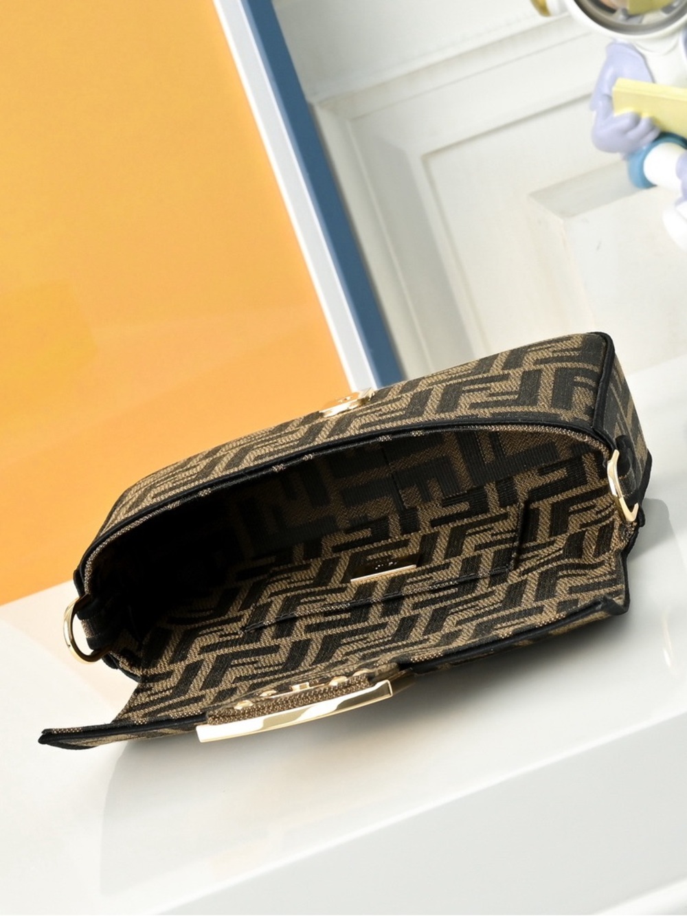 Fendi Brown & Black Zucca Crossbody Baguette with Gold Hardware - Picture 9 of 11